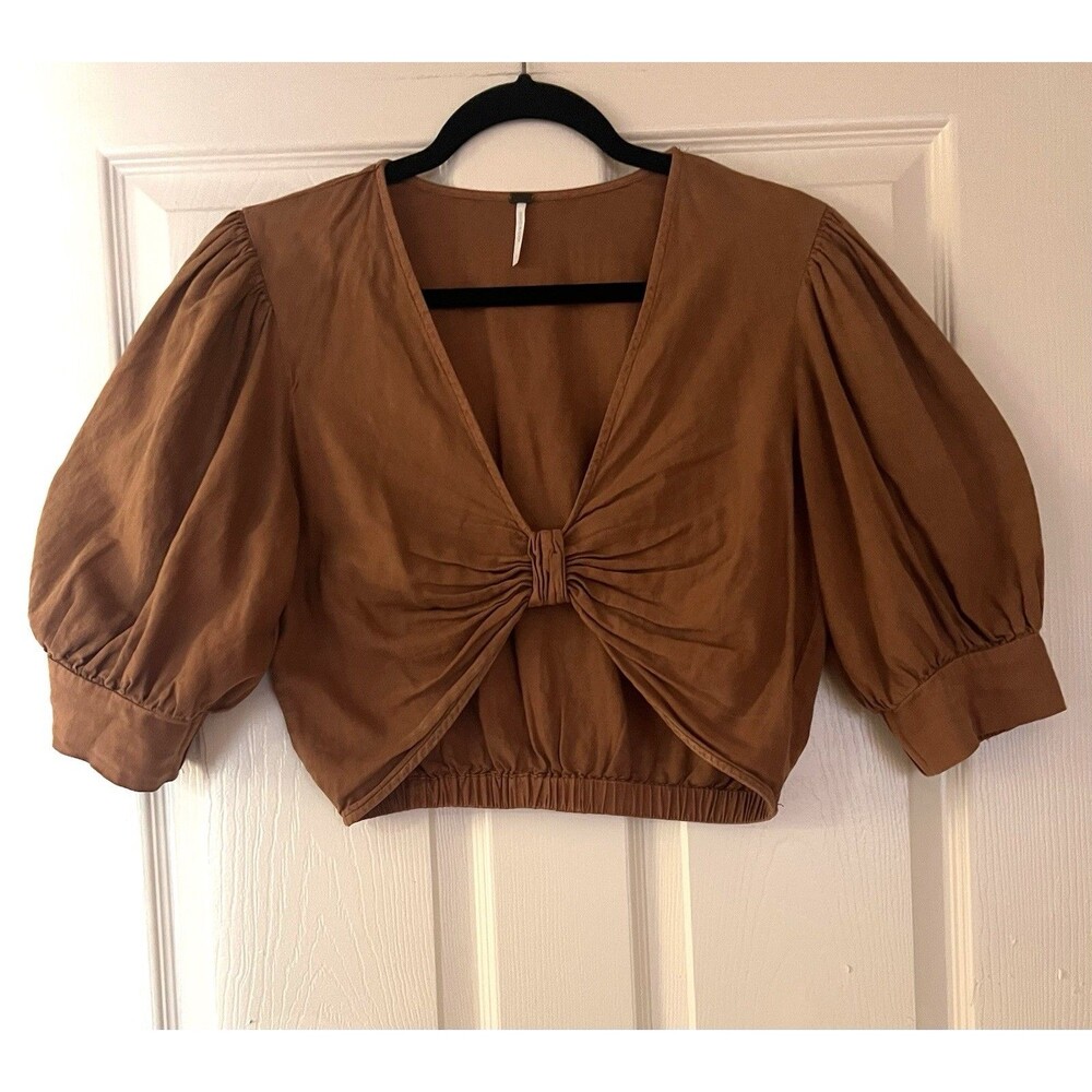 Young Fabulous Broke Miranda Crop Top S EUC Brown Linen Blend Puff Sleeve Knot